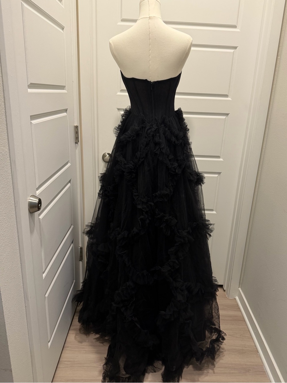 Strapless Black Tulle Ruffle Evening Gown - Picture 3 of 9